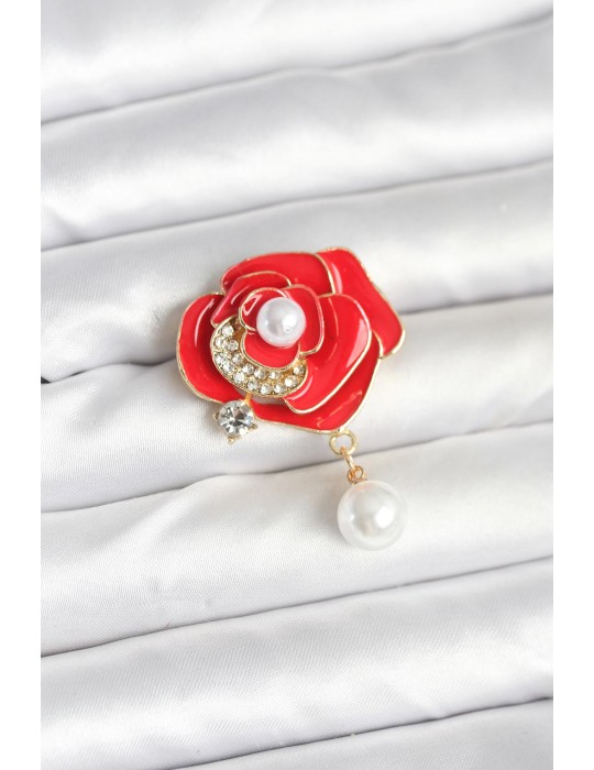 Kırmızı Gül İncili Model Broş - TJ-BR469