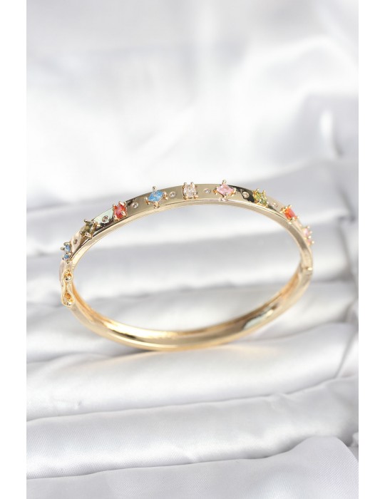 Pirinç Gold Renk Zirkon Taşlı Kelepçe Bileklik - TJ-BB8087