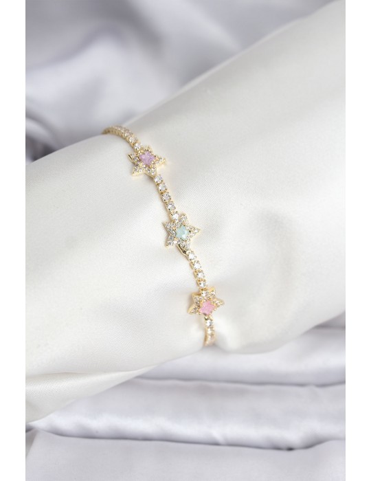 Renkli Yıldız Model Zirkon Taşlı Gold Renk Pirinç Su Yolu Kadın Bileklik - TJ-BB8100