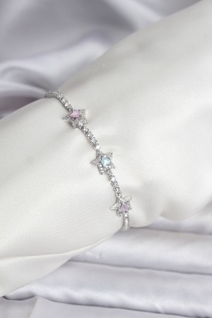 Renkli Yıldız Model Zirkon Taşlı Gümüş Renk Pirinç Su Yolu Kadın Bileklik - TJ-BB8101