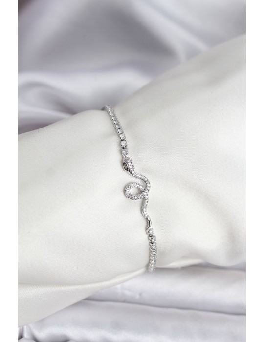 Yılan Model Zirkon Taşlı Gümüş Renk Pirinç Su Yolu Kadın Bileklik - TJ-BB8105