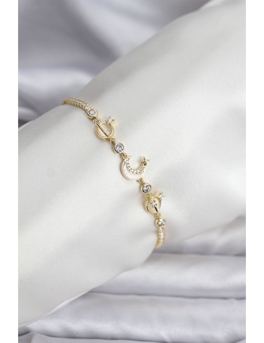 Charmlı Model Zirkon Taşlı Gold Renk Su Yolu Kadın Bileklik - TJ-BB8108