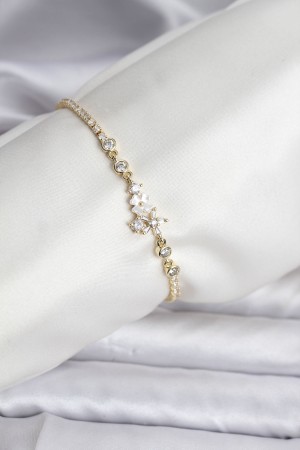 Çiçekli Model Zirkon Taşlı Gold Renk Su Yolu Kadın Bileklik - TJ-BB8110