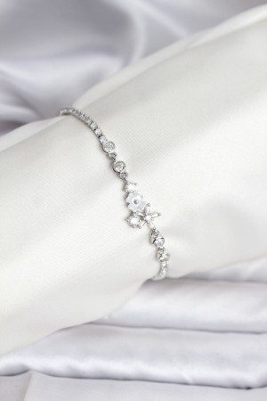 Çiçekli Model Zirkon Taşlı Gümüş Renk Su Yolu Kadın Bileklik - TJ-BB8111