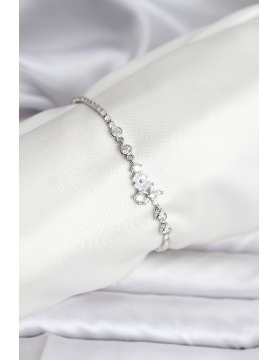 Çiçekli Model Zirkon Taşlı Gümüş Renk Su Yolu Kadın Bileklik - TJ-BB8111