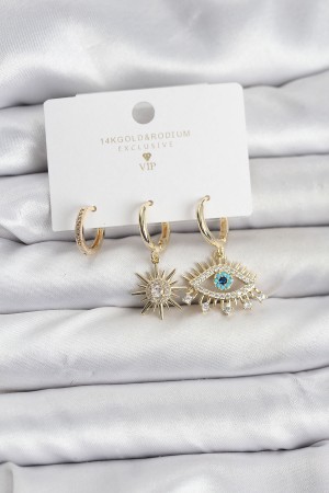 Göz Model Gold Renk Pirinç 3'lü Kadın Küpe Seti - TJ-BKP11439