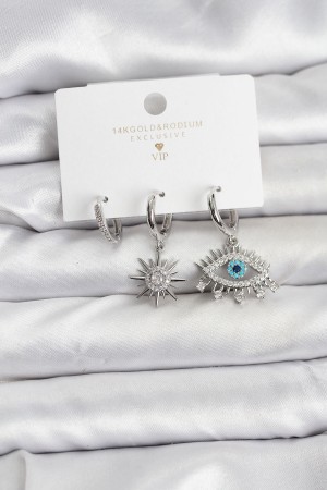 Göz Model Gümüş Renk Pirinç 3'lü Kadın Küpe Seti - TJ-BKP11440