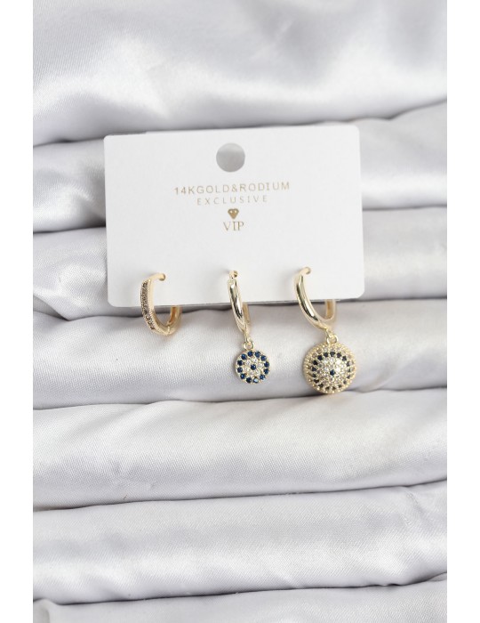 Nazar Model Gold Renk Pirinç 3'lü Kadın Küpe Seti - TJ-BKP11441