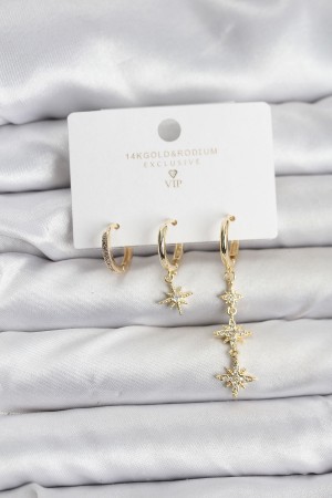Kutup Yıldızı Model Gold Renk Pirinç 3'lü Kadın Küpe Seti - TJ-BKP11443 Kutup Yıldızı Model Gold Renk Pirinç 3'lü Kadın Küpe Seti - TJ-BKP11443