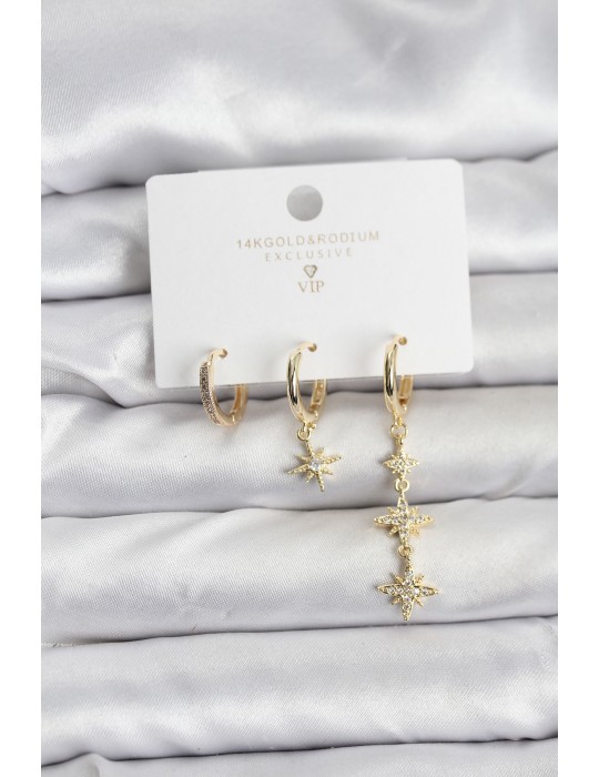 Kutup Yıldızı Model Gold Renk Pirinç 3'lü Kadın Küpe Seti - TJ-BKP11443