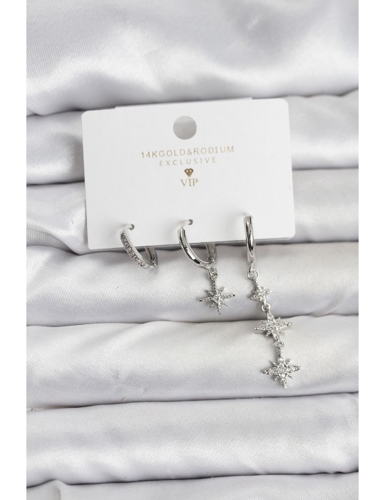 Kutup Yıldızı Model Gümüş Renk Pirinç 3'lü Kadın Küpe Seti - TJ-BKP11444