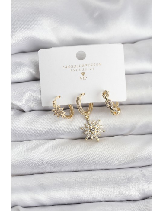 Pirinç Gold Renk Kutup Yıldızı Model 3'lü Kadın Küpe Seti - TJ-BKP11447