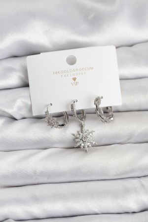 Pirinç Gümüş Renk Kutup Yıldızı Model 3'lü Kadın Küpe Seti - TJ-BKP11448