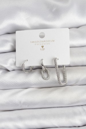 Gümüş Renk Zirkon Taşlı 3'lü Kadın Küpe Seti - TJ-BKP11450