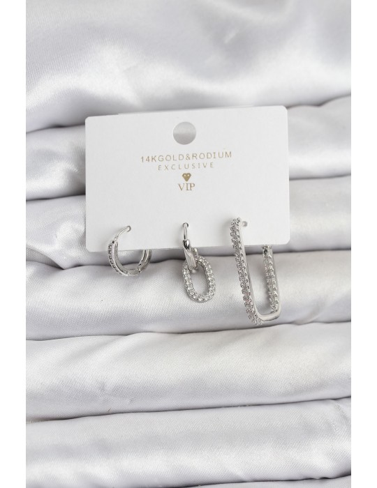 Gümüş Renk Zirkon Taşlı 3'lü Kadın Küpe Seti - TJ-BKP11450