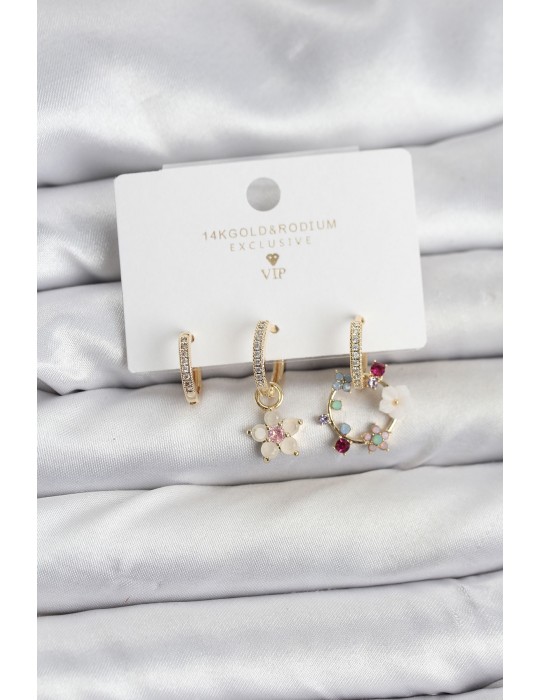 Çiçek Model Gold Renk Pirinç 3'lü Kadın Küpe Seti - TJ-BKP11453