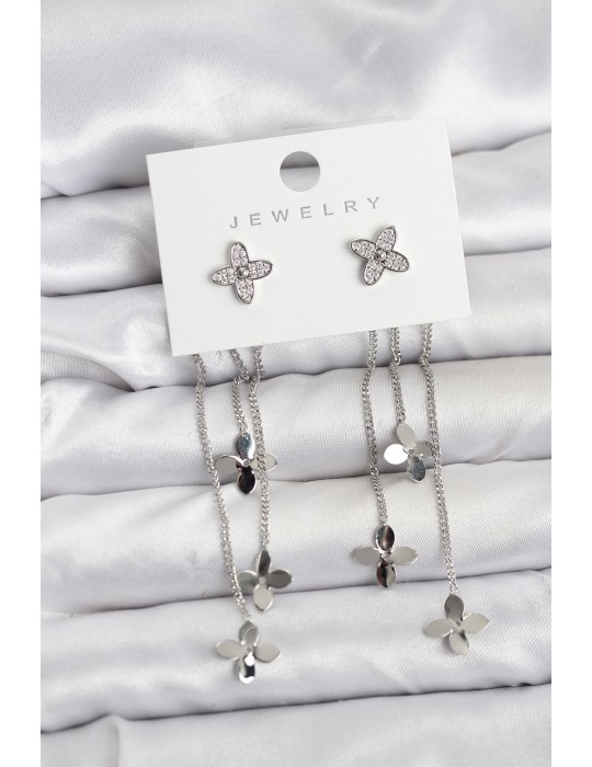 Lotus Model Gümüş Renk Pirinç Sallantılı Kadın Küpe - TJ-BKP11460