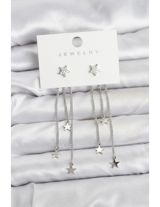 Yıldız Model Gümüş Renk Pirinç Sallantılı Kadın Küpe - TJ-BKP11462