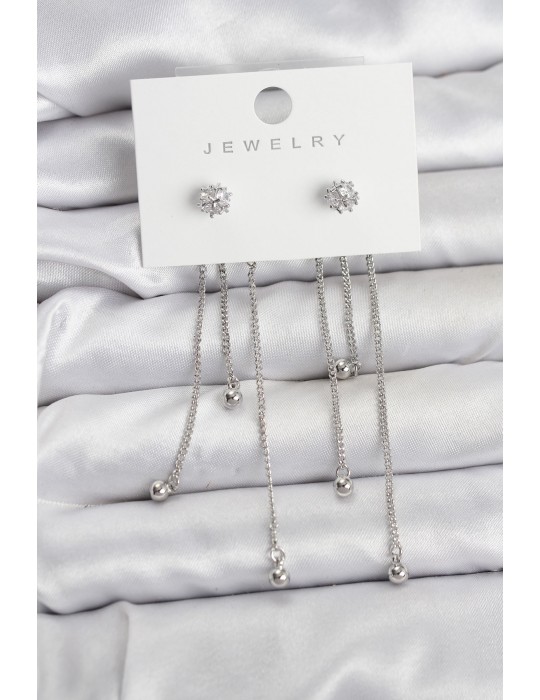 Topçuk Model Gümüş Renk Pirinç Sallantılı Kadın Küpe Seti - TJ-BKP11468