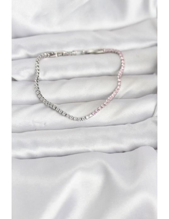 Pembe ve Beyaz Zirkon Taşlı Gümüş Renk Su Yolu Kadın Bileklik - TJ-BB8149