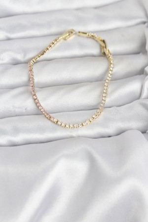 Pembe ve Beyaz Zirkon Taşlı Gold Renk Su Yolu Kadın Bileklik - TJ-BB8150