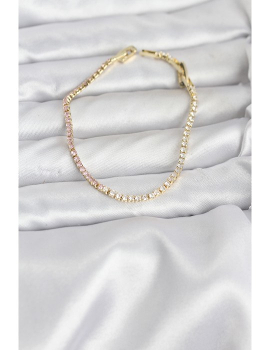 Pembe ve Beyaz Zirkon Taşlı Gold Renk Su Yolu Kadın Bileklik - TJ-BB8150