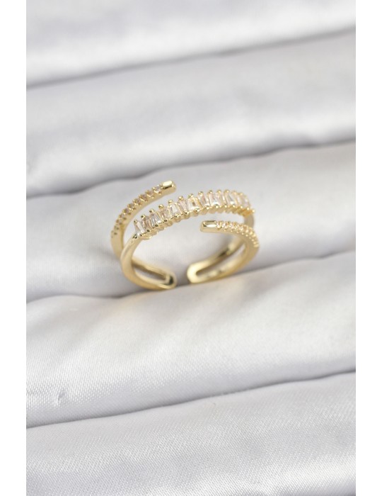 Pirinç Gold Renk Sıralı Baget Zirkon Taşlı Kadın Yüzük - TJ-BYK3911