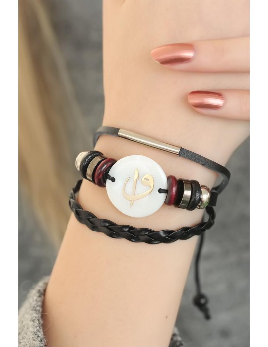 Siyah Renk Elif Vav Tasarım Çoklu Deri Bayan Bileklik - TJ-BB2697-KS