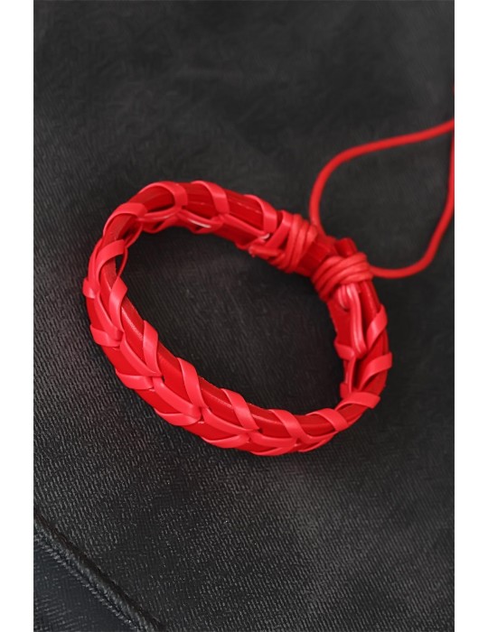 Kırmızı Örgü Deri Erkek Bileklik - TJ-EB1852