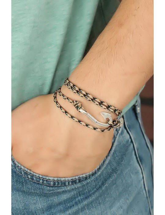 Krem Renk Çizgi Desenli Metal Kancalı Erkek Bileklik - TJ-EB2244-KS