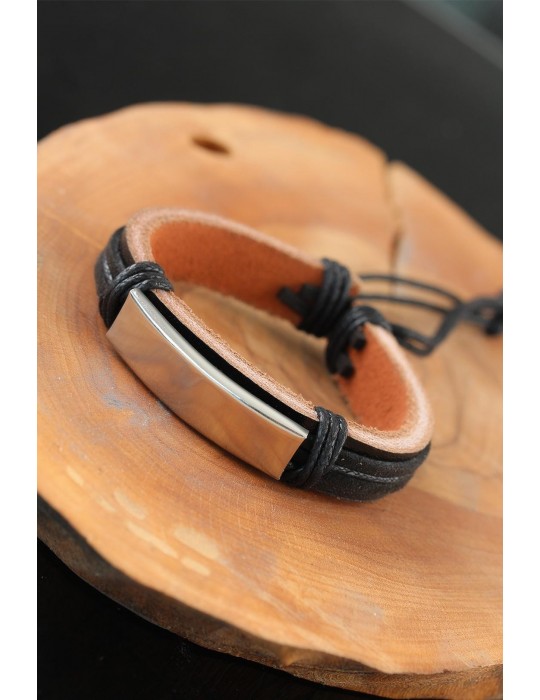 Çelik Aksesuarlı Siyah Renk Deri Erkek Bileklik - TJ-EB2523-KS