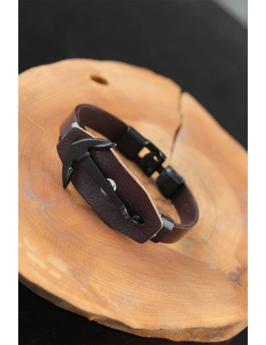 Siyah Deniz Çapalı Çelik Aksesuarlı Kahverengi Deri Erkek Bileklik - TJ-EB2537-KS