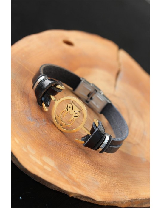 Gold Renk Baykuşlu Metal Aksesuarlı Siyah Renk Deri Erkek Bileklik - TJ-EB2542-KS