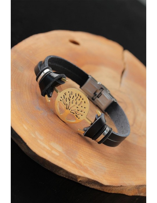 Gold Renk Metal Ağaçlı Tasarım Siyah Renk Deri Erkek Bileklik - TJ-EB2552-KS