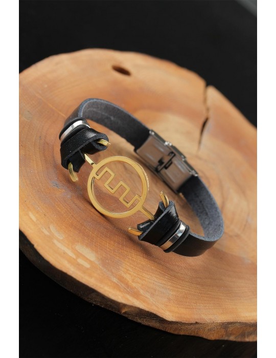 Gold Renk Metal Labirent Tasarım Siyah Renk Deri Erkek Bileklik - TJ-EB2555-KS