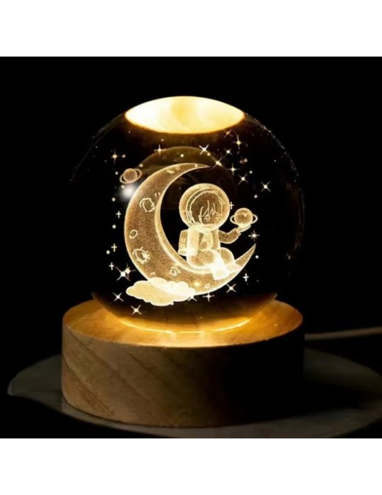 Dekoratif Ay Üstünde Astronot Tasarımlı Ahşap altlıklı Işıklı Cam Küre 6 Cm MZ4-2330