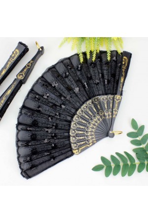 12 li Siyah Plastik Pullu Kumaş Yelpaze 12 li Siyah Plastik Pullu Kumaş Yelpaze