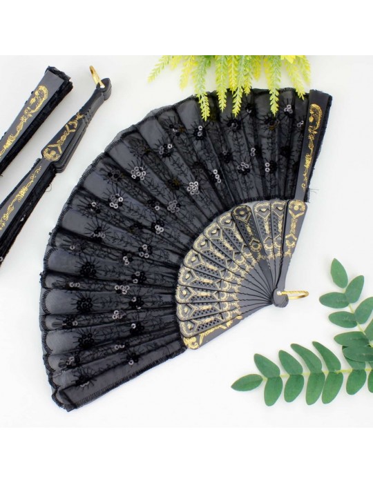 12 li Siyah Plastik Pullu Kumaş Yelpaze