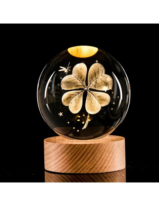 Ahşap Altlıklı Işıklı Yonca Tasarımlı Cam Küre