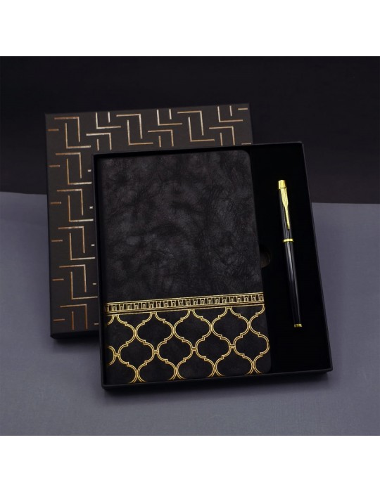 Gold Desen Siyah Deri Defter Kalem Set