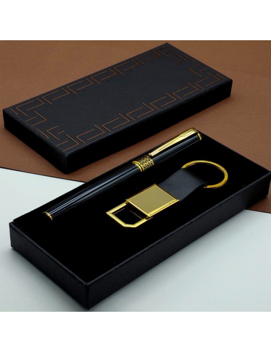 Hediyelik Siyah Kalem Ve Gold Deri Anahtarlık Kutulu Set
