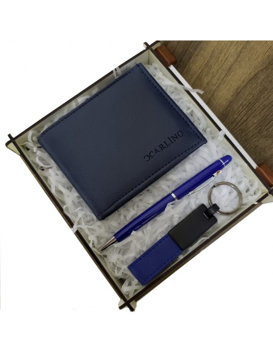 Mavi Cüzdan Kalem ve Deri Mavi Anahtarlık Set