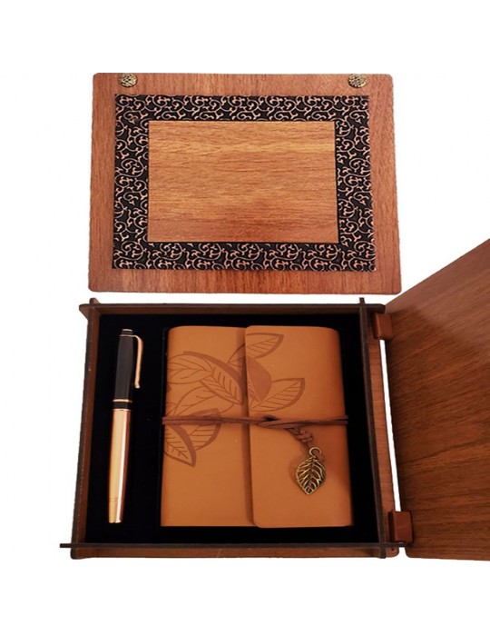 Ahşap Kutulu Taba Renk Deri Defter ve Kalem Set