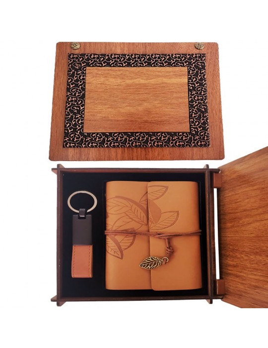 Ahşap Kutulu Taba Renk Deri Defter Anahtarlık Set