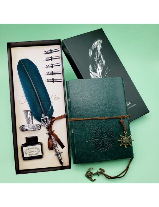 Deri Defter ve Tüylü Mürekkepli Kalem Seti Yeşil