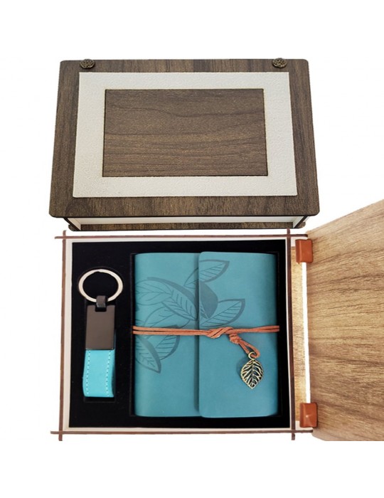 Özel Ahşap Kutulu Mavi Deri Defter ve Anahtarlık Set