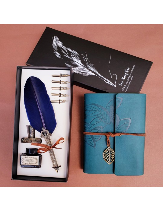 Tüylü Divit Kalem Ve Deri Defter Seti