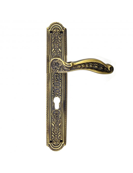 Antika Tarz Dekoratif Pirinç Ulu Model Desenli Yale, Dış Kapı Kolu - 354x57 mm, Antik