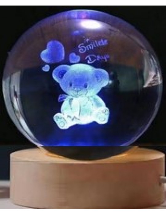 Dekoratif Ayıcık Tasarımlı Ahşap altlıklı Işıklı Cam Küre Büyük Boy Cam:8cm Ahşap:2cm