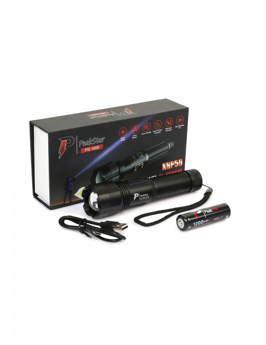 PeakStar Ps-1600 Süper Parlak Led Zoomlu 5 Mod Su Geçirmez Profesyonel Kamp Bekçi Avcı Feneri